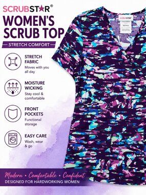 Scrubstar Purple Abstract V Neck Scrub Top Small Modern Stretch Career NWT